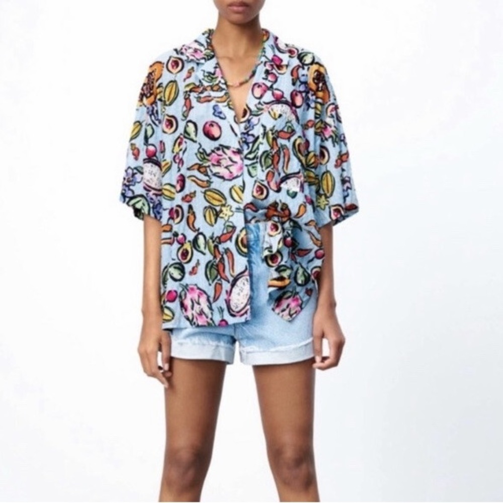 Not for sale ZARA Blue Fruit Print Oversized Shirt Size XL (A24) - Picture 2 of 9
